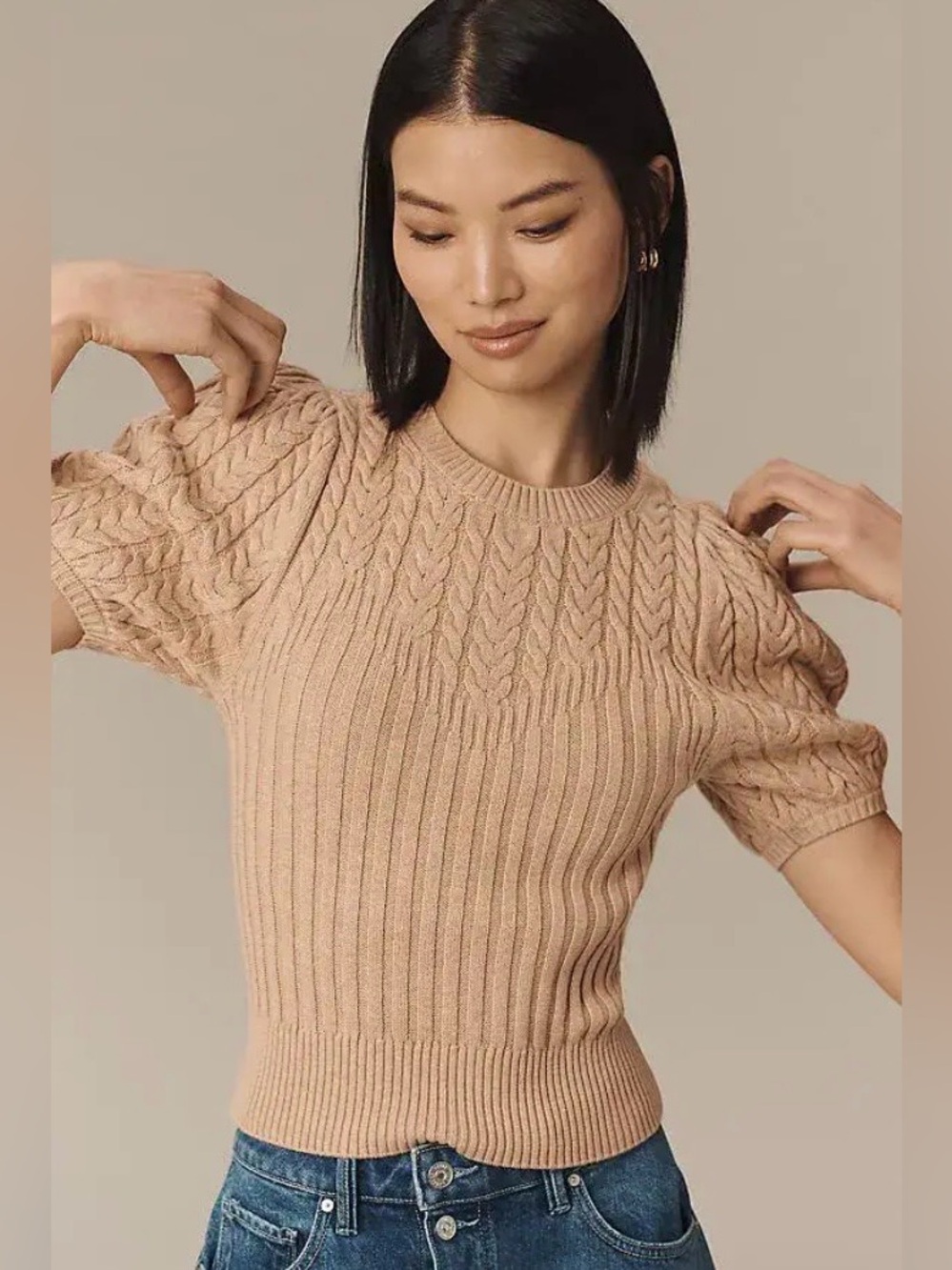 PAIGE Aeris Puff Sleeve Cable Knit Sweater Top Quiet Luxury Romantic